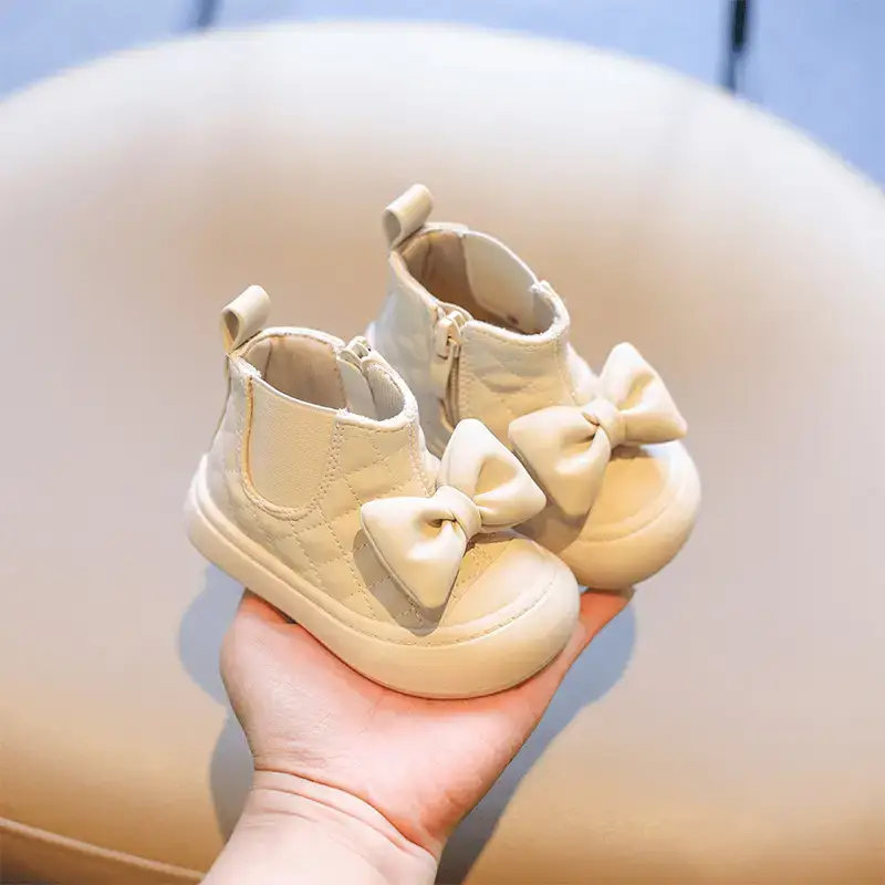 Baby Girl Boots Soft Sole Bow Decor Gold