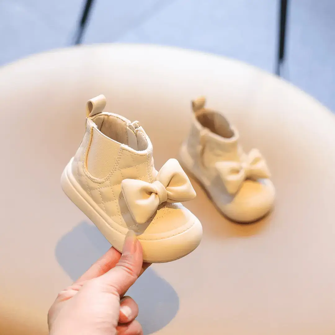 Baby Girl Boots Soft Sole Bow Decor Gold