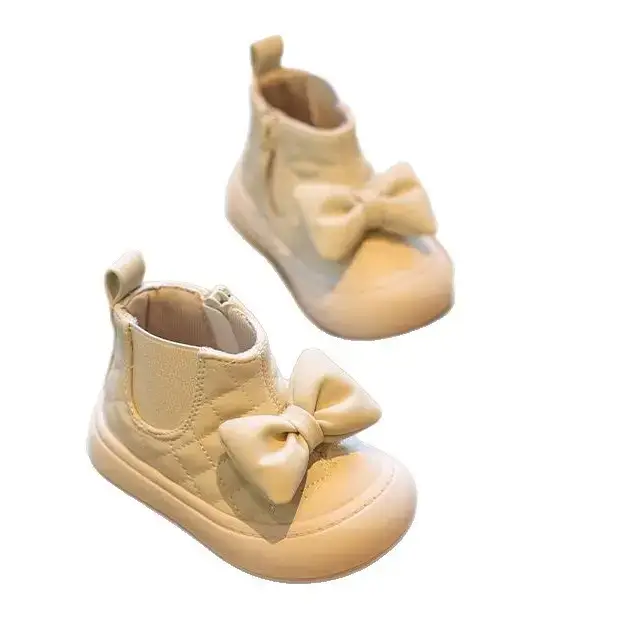 Baby Girl Boots Soft Sole Bow Decor Gold