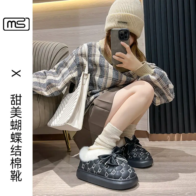 2025 New Winter New Sweet Bow Cotton Shoes Fleece-Lined Thickeneded Warm Women's Shoes Thick-Soled Snow Boots Soft Soles