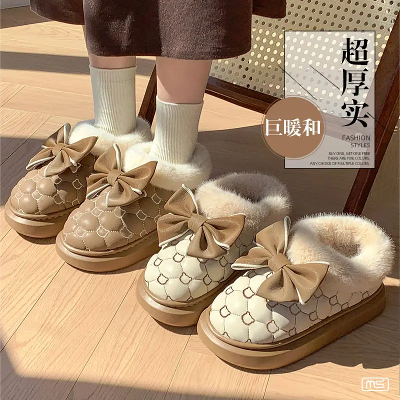 2025 New Winter New Sweet Bow Cotton Shoes Fleece-Lined Thickeneded Warm Women's Shoes Thick-Soled Snow Boots Soft Soles
