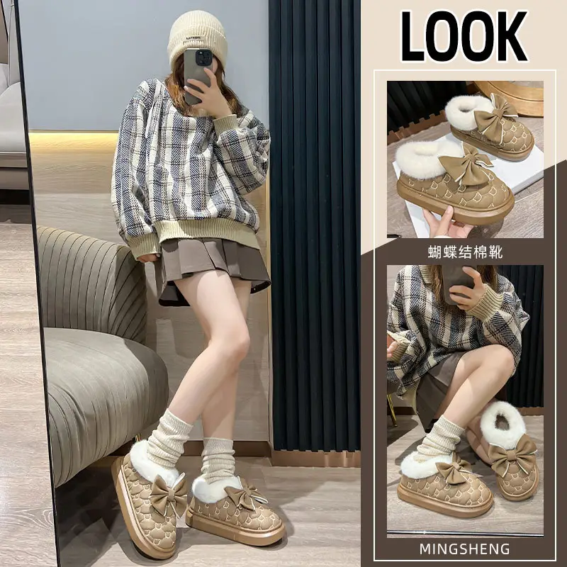 2025 New Winter New Sweet Bow Cotton Shoes Fleece-Lined Thickeneded Warm Women's Shoes Thick-Soled Snow Boots Soft Soles