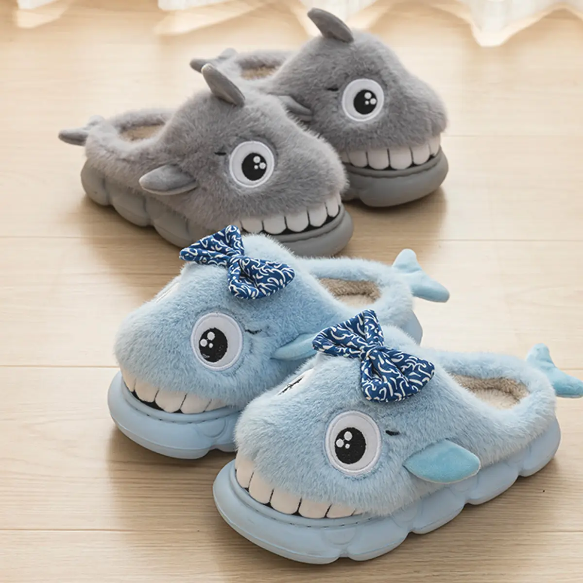 Blue Shark Bow Slippers for Women Warm Winter - Image 5