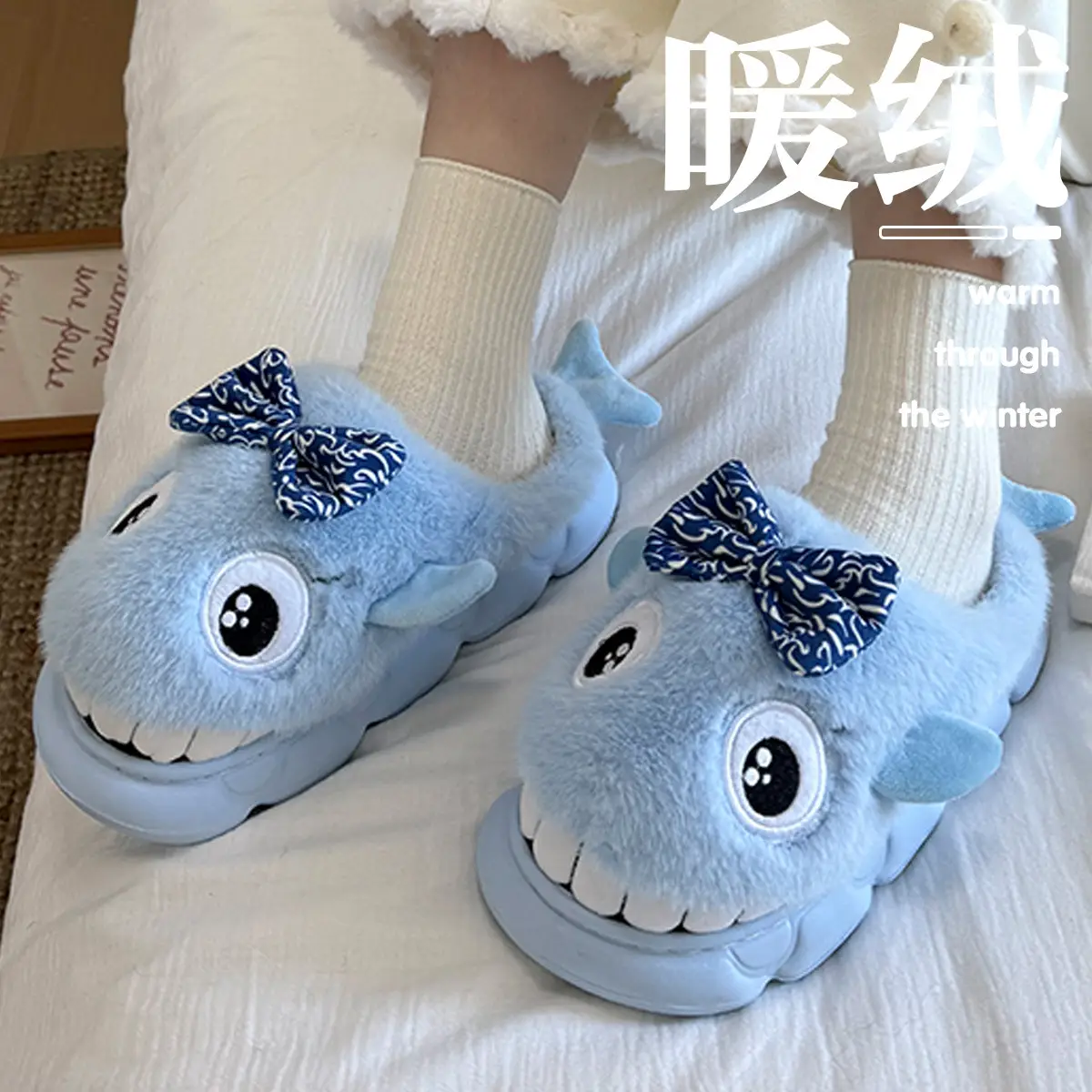 Blue Shark Bow Slippers for Women Warm Winter - Image 6