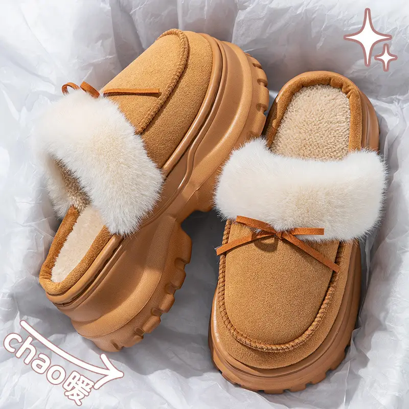 Women Fleece Bow Slippers Winter Warm Brown - Image 4