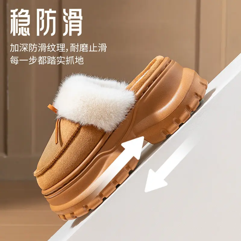 Women Fleece Bow Slippers Winter Warm Brown - Image 6