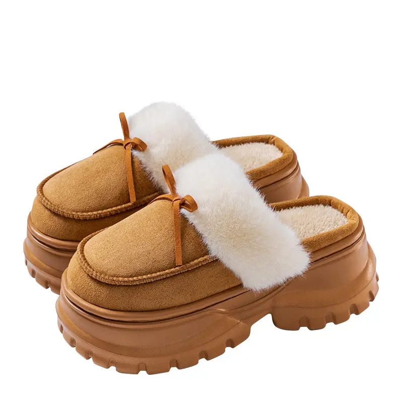 Women Fleece Bow Slippers Winter Warm Brown - Image 7