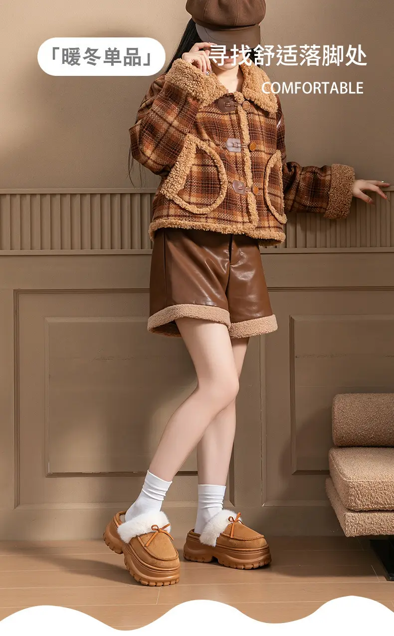 Women Fleece Bow Slippers Winter Warm Brown — feature 1