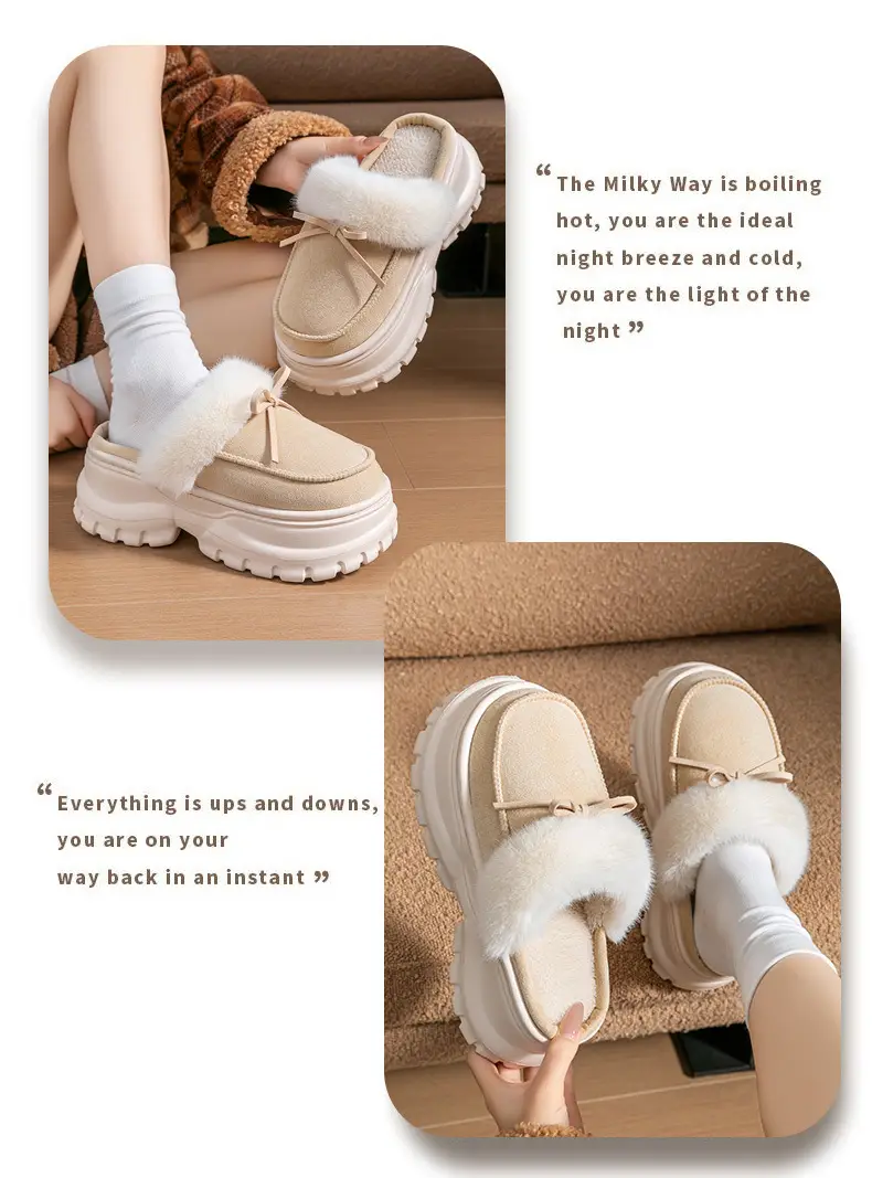 Women Fleece Bow Slippers Winter Warm Brown — feature 10