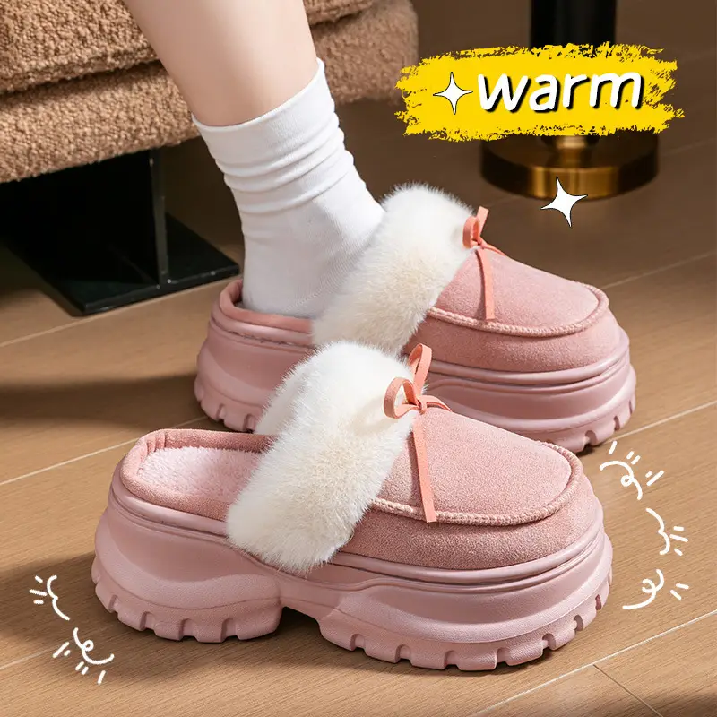 Women Fleece Bow Slippers Winter Warm Brown - Image 2
