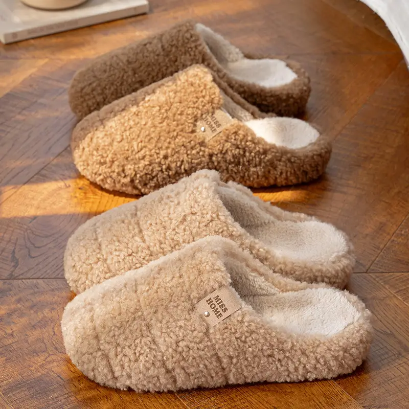 New Simple Solid Color Home Slippers for Women, Thick-Soled, Height-Increasing, Fleece-Lined, Warm, Non-Slip, Autumn and Winter Indoor Cotton Slippers for Men - Image 3