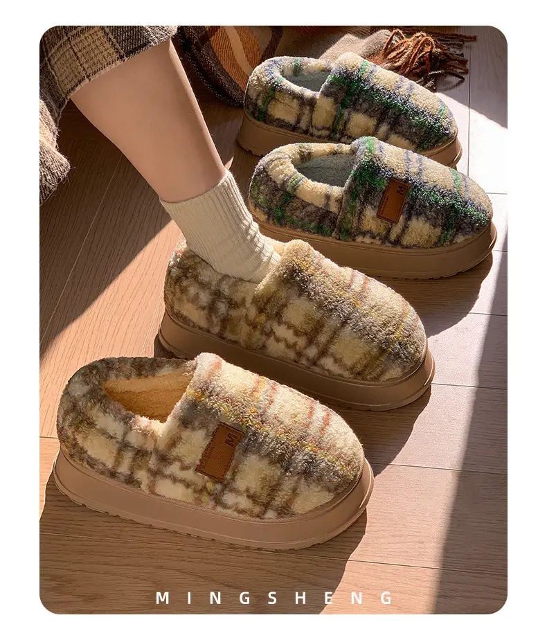 2025 Winter Plaid Fleece Lined Women Slippers — feature 12
