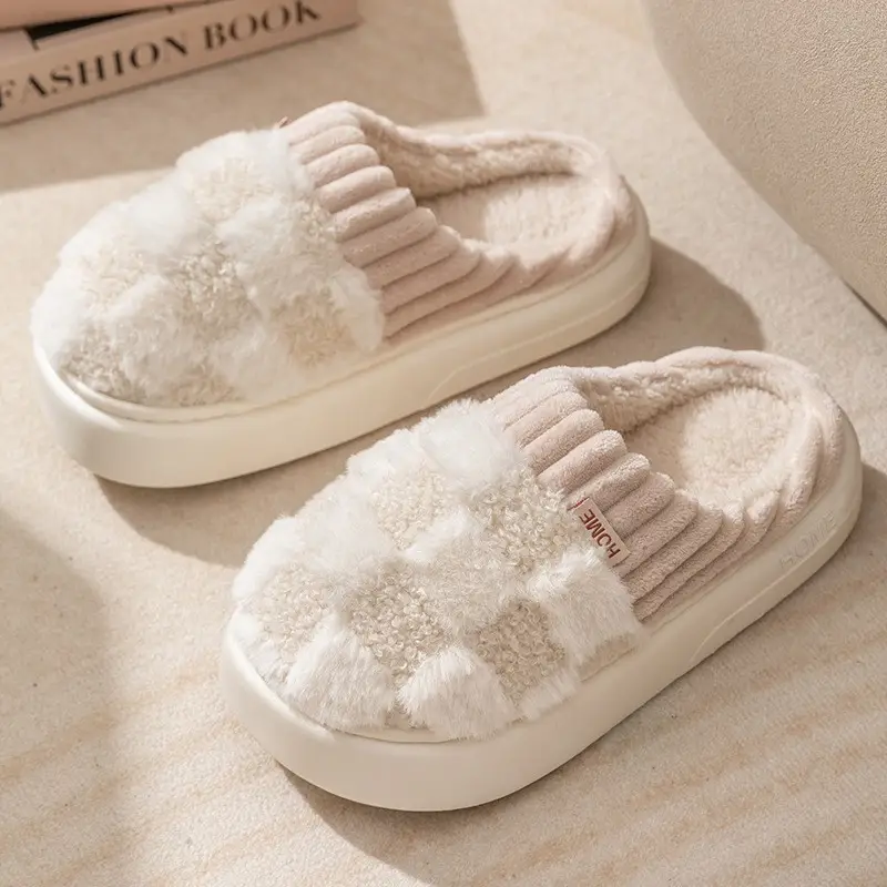 Men Pink Fleece Slippers Winter Indoor Couple - Image 4