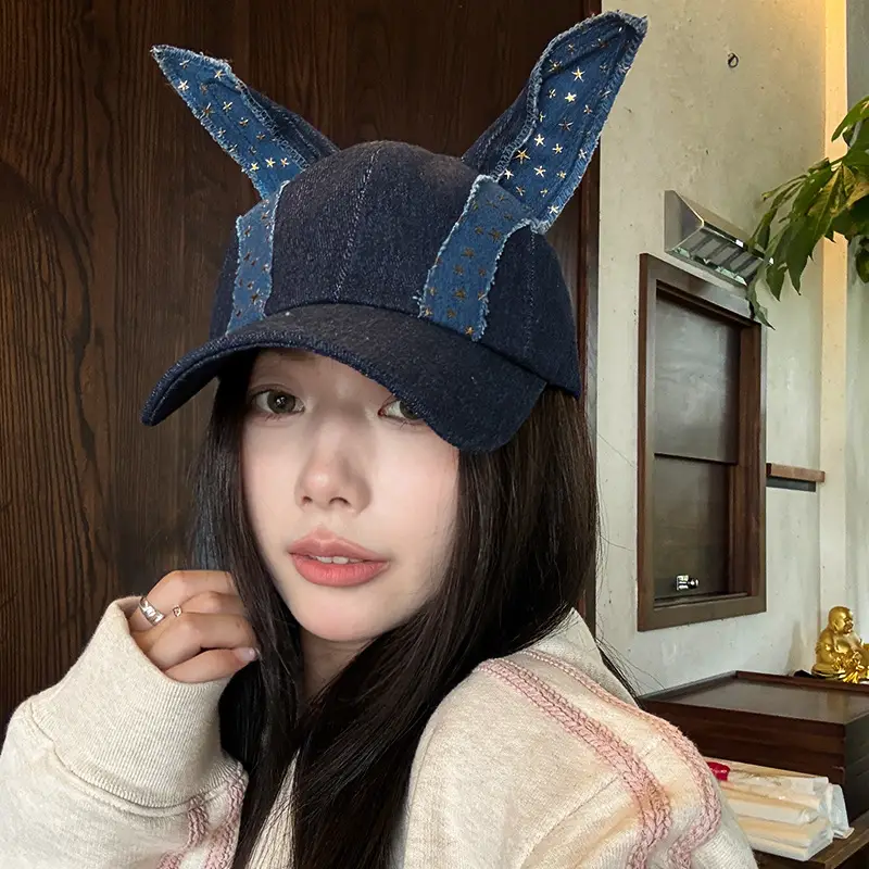 Duckbill Cap for Women Navy Denim with Star Embroidery - Image 4