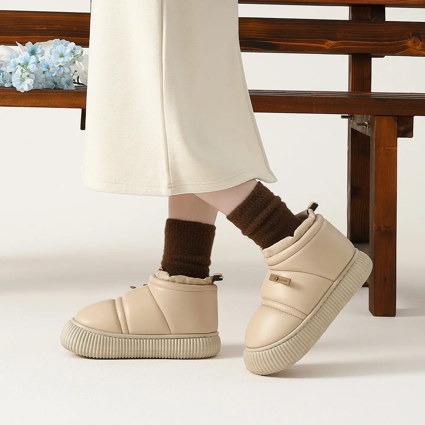 Women PU Leather Waterproof Slippers Beige Warm Anti-Slip - Image 4