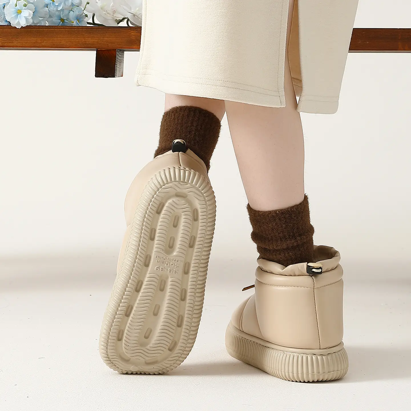 Women PU Leather Waterproof Slippers Beige Warm Anti-Slip - Image 5