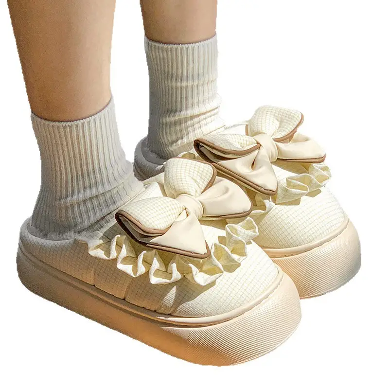 2025 New Winter Cotton Slippers for Women, Mesh Girls' Sweet Bow Fleece-Lined Warm Thick-Soled Shoes for Home and Outdoor Wear - Image 7