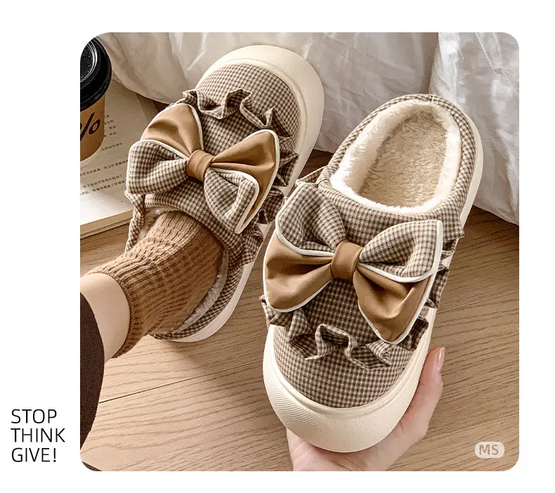 2025 New Winter Cotton Slippers for Women, Mesh Girls' Sweet Bow Fleece-Lined Warm Thick-Soled Shoes for Home and Outdoor Wear — feature 7