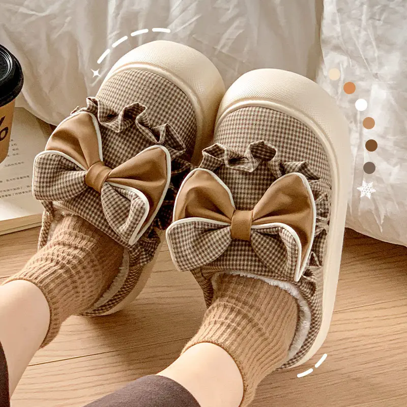 2025 New Winter Cotton Slippers for Women, Mesh Girls' Sweet Bow Fleece-Lined Warm Thick-Soled Shoes for Home and Outdoor Wear - Image 2