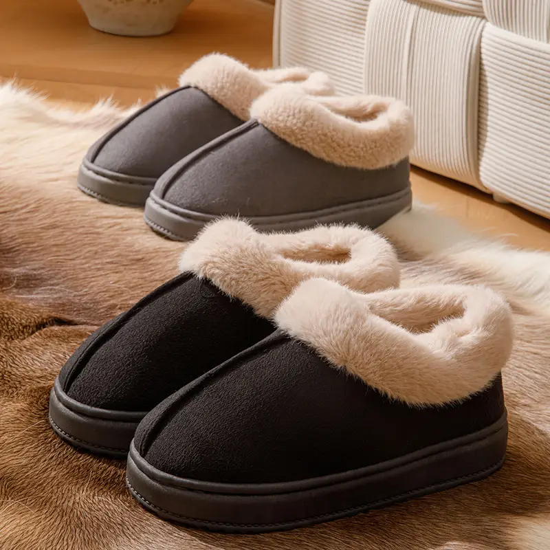 Women's Winter Outer Wear Thick-Soled Non-Slip Fashionable Versatile Warm Feet Plush Snow Cotton Slippers with Heel and Velvet Warm Cotton Slippers