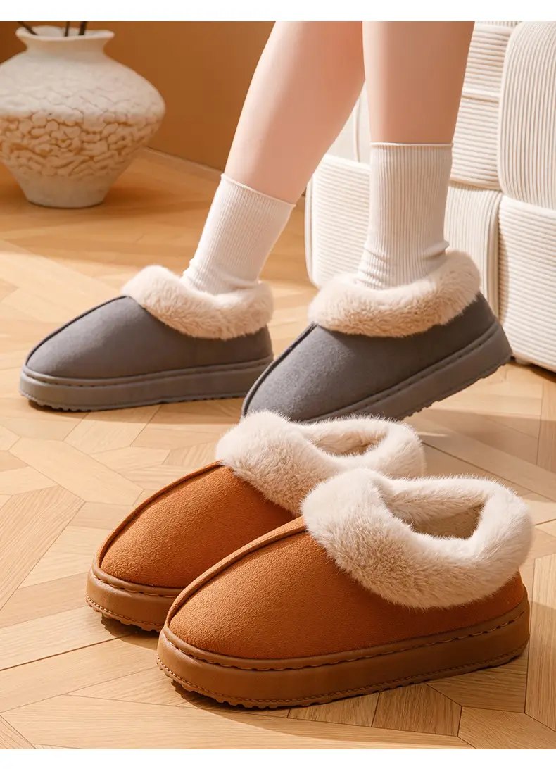 Women's Winter Outer Wear Thick-Soled Non-Slip Fashionable Versatile Warm Feet Plush Snow Cotton Slippers with Heel and Velvet Warm Cotton Slippers — feature 12