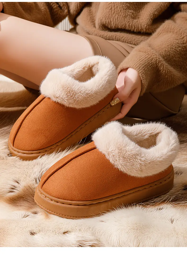 Women's Winter Outer Wear Thick-Soled Non-Slip Fashionable Versatile Warm Feet Plush Snow Cotton Slippers with Heel and Velvet Warm Cotton Slippers — feature 14