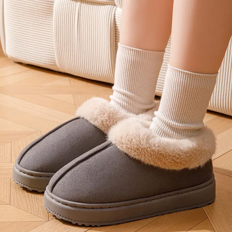 Women's Winter Outer Wear Thick-Soled Non-Slip Fashionable Versatile Warm Feet Plush Snow Cotton Slippers with Heel and Velvet Warm Cotton Slippers