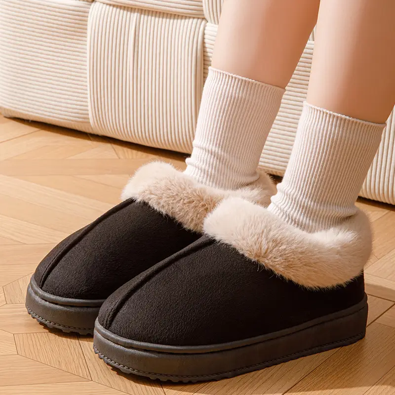 Women's Winter Outer Wear Thick-Soled Non-Slip Fashionable Versatile Warm Feet Plush Snow Cotton Slippers with Heel and Velvet Warm Cotton Slippers