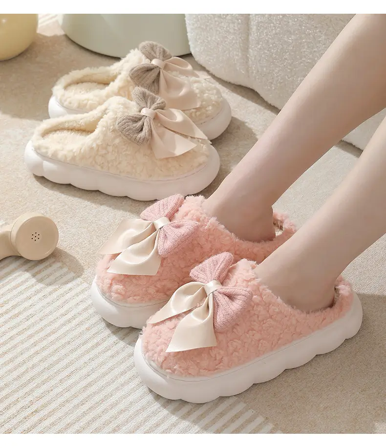 Yc-298 Cotton Slippers 2025 Winter New Cotton Slippers Sweet Bow Fleece-Lined Warm Thick-Soled Home and Outdoor Shoes — feature 18