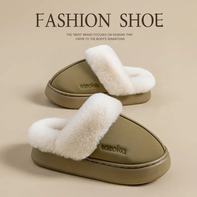 Thick-Soled Baotou Cotton Slippers for Women in Autumn and Winter, Non-Slip, Thickeneded Outer Wear, Warm and Poop-Feeling Plush Slippers for Men - Image 2