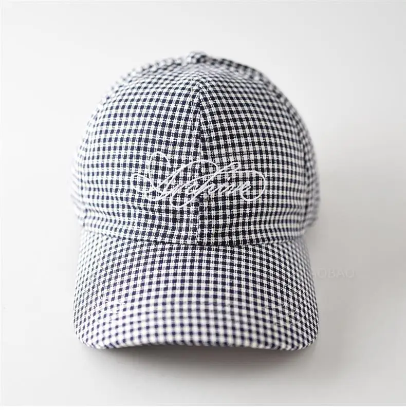 Unisex Red White Checkered Baseball Cap with Embroidered Letter — feature 1