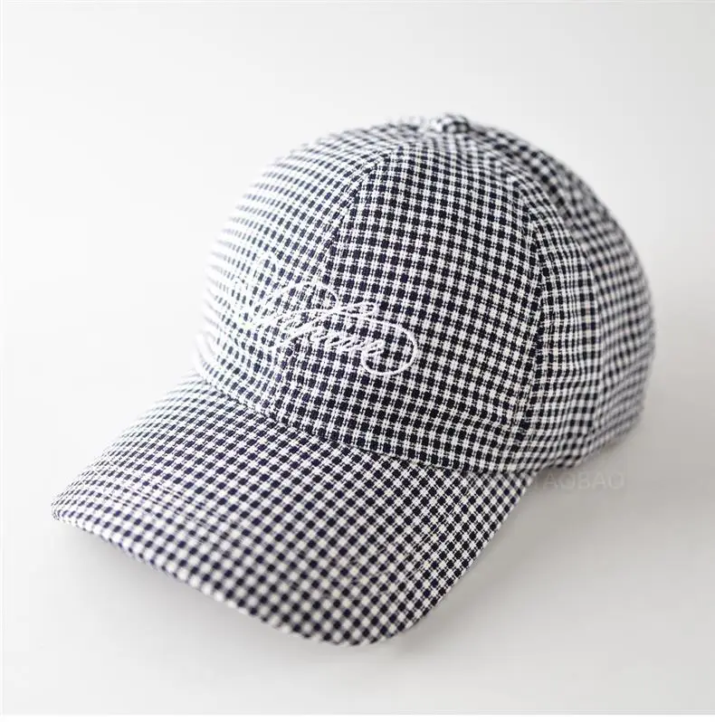 Unisex Red White Checkered Baseball Cap with Embroidered Letter — feature 2