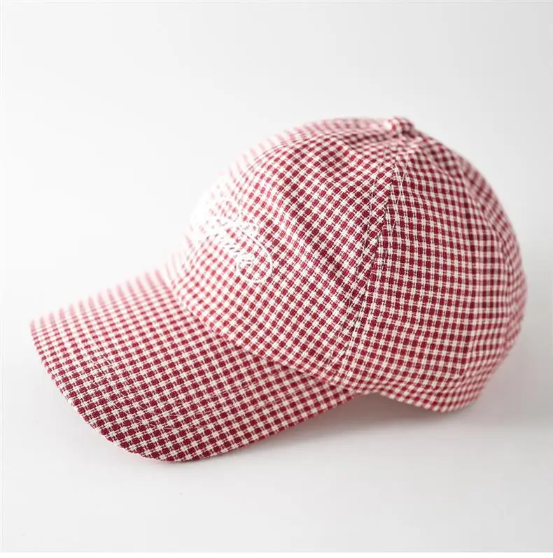 Unisex Red White Checkered Baseball Cap with Embroidered Letter — feature 4