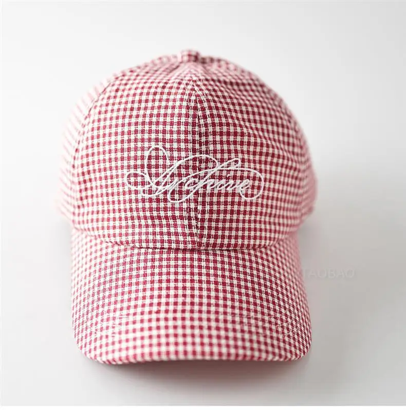 Unisex Red White Checkered Baseball Cap with Embroidered Letter — feature 5