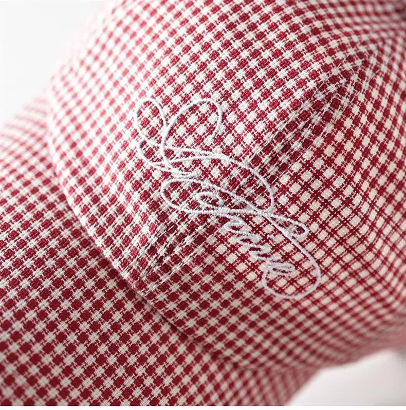 Unisex Red White Checkered Baseball Cap with Embroidered Letter — feature 6