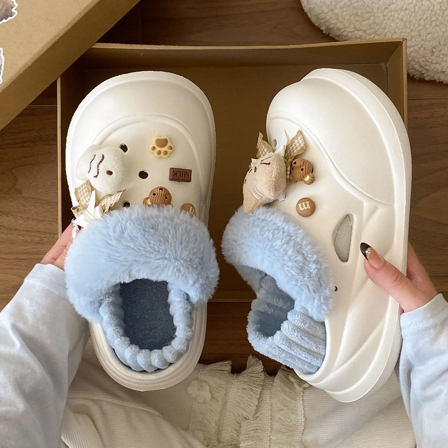 Women Warm Cat Fish Soft Slippers White Blue - Image 6