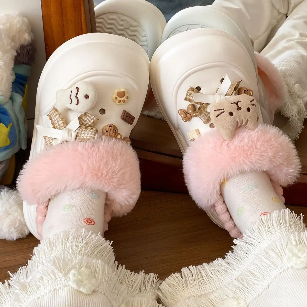 Women Warm Cat Fish Soft Slippers White Blue — feature 34