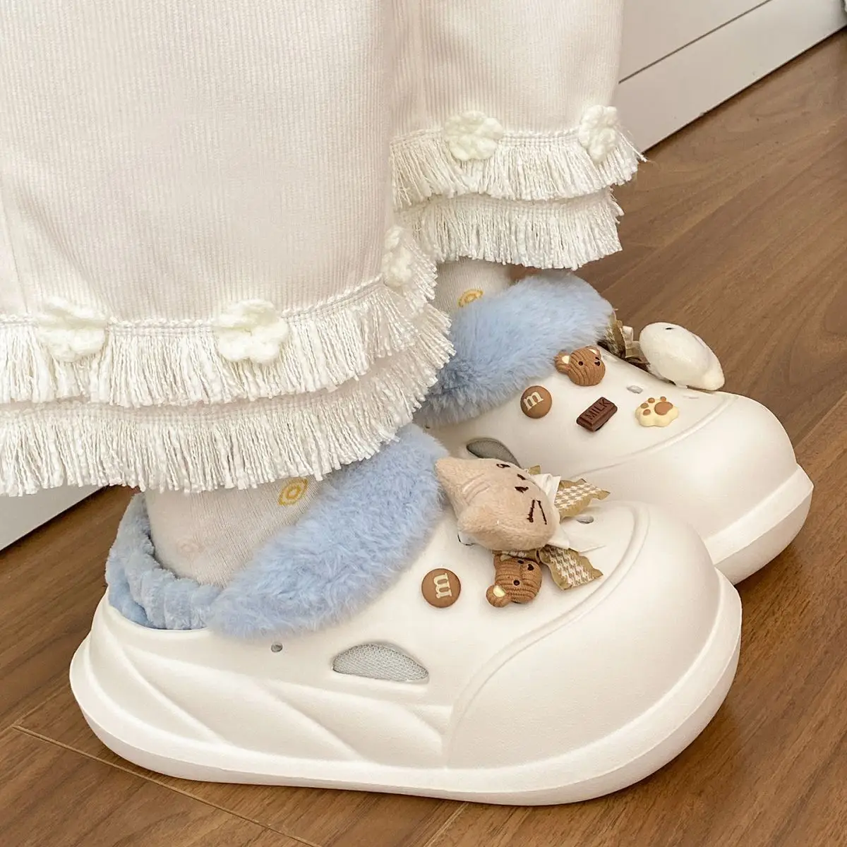 Women Warm Cat Fish Soft Slippers White Blue — feature 35