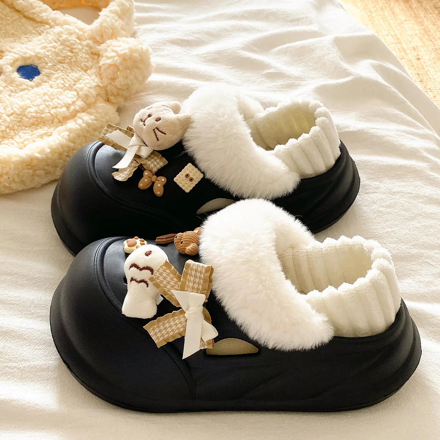 Women Warm Cat Fish Soft Slippers White Blue - Image 4