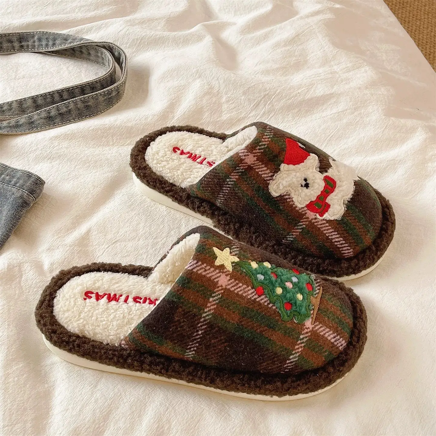 Cute Christmas Tree Furry Slippers Women Winter Fleece Lined Warm Indoor Non-Slip Toe Cotton Slippers - Image 5