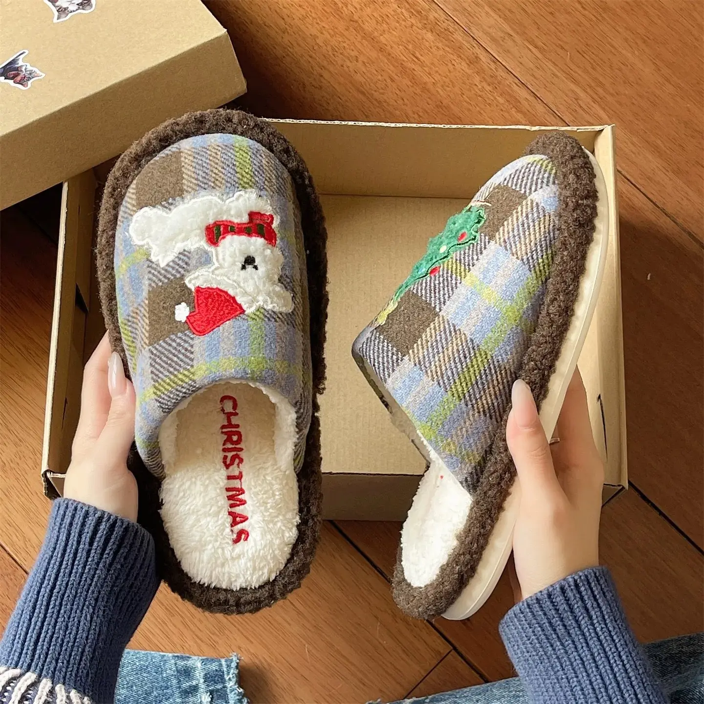 Cute Christmas Tree Furry Slippers Women Winter Fleece Lined Warm Indoor Non-Slip Toe Cotton Slippers - Image 6