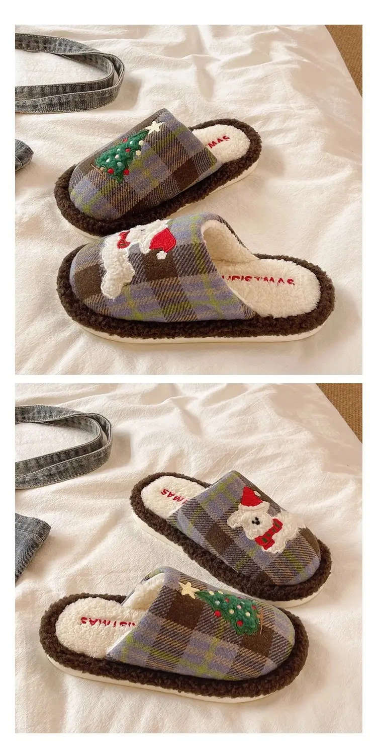 Cute Christmas Tree Furry Slippers Women Winter Fleece Lined Warm Indoor Non-Slip Toe Cotton Slippers — feature 10