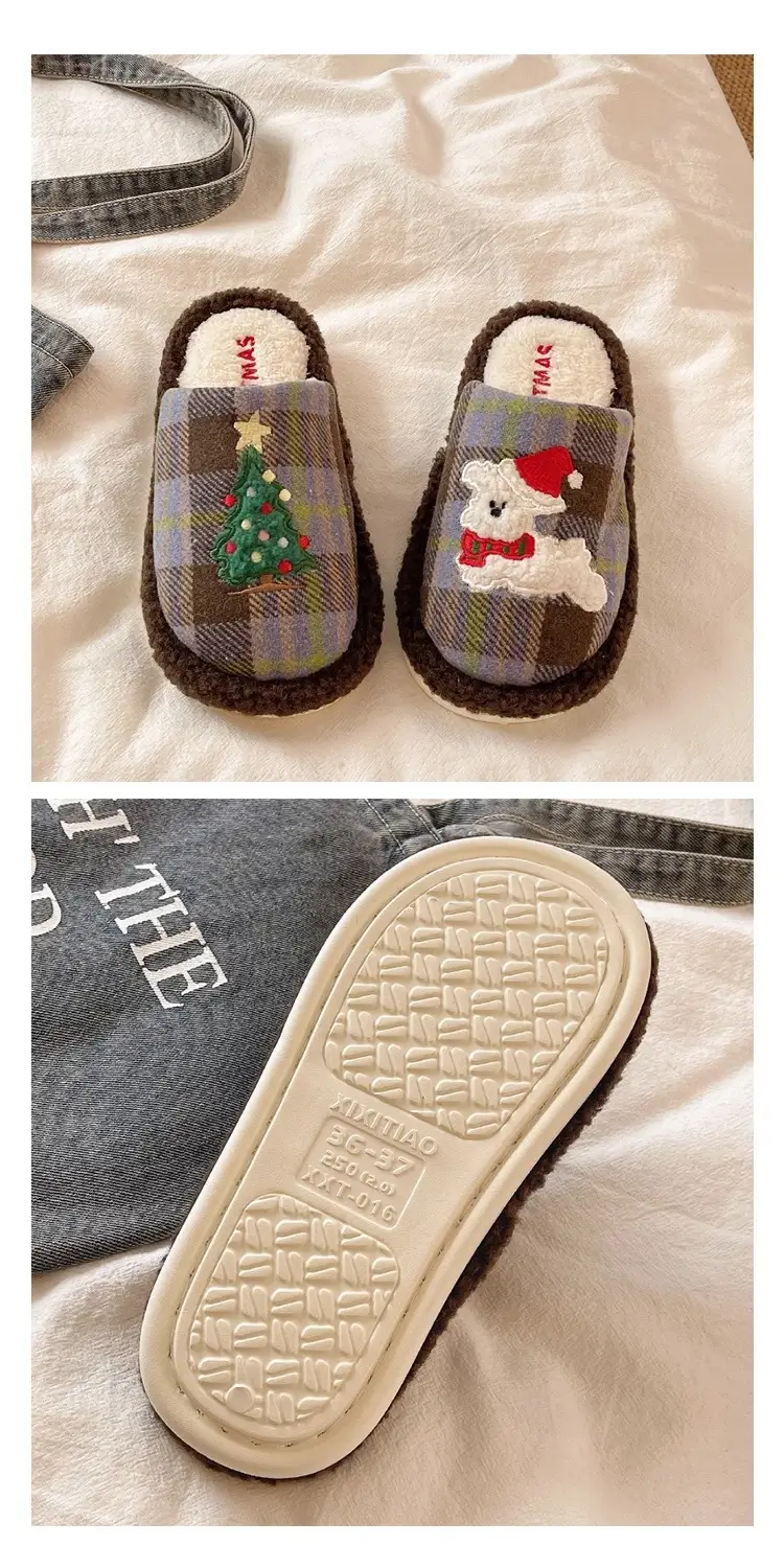 Cute Christmas Tree Furry Slippers Women Winter Fleece Lined Warm Indoor Non-Slip Toe Cotton Slippers — feature 11