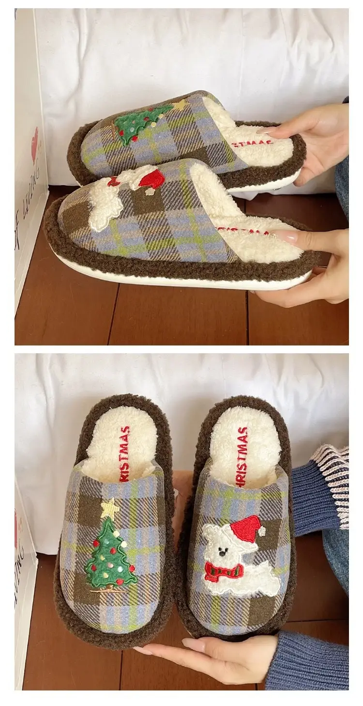Cute Christmas Tree Furry Slippers Women Winter Fleece Lined Warm Indoor Non-Slip Toe Cotton Slippers — feature 3