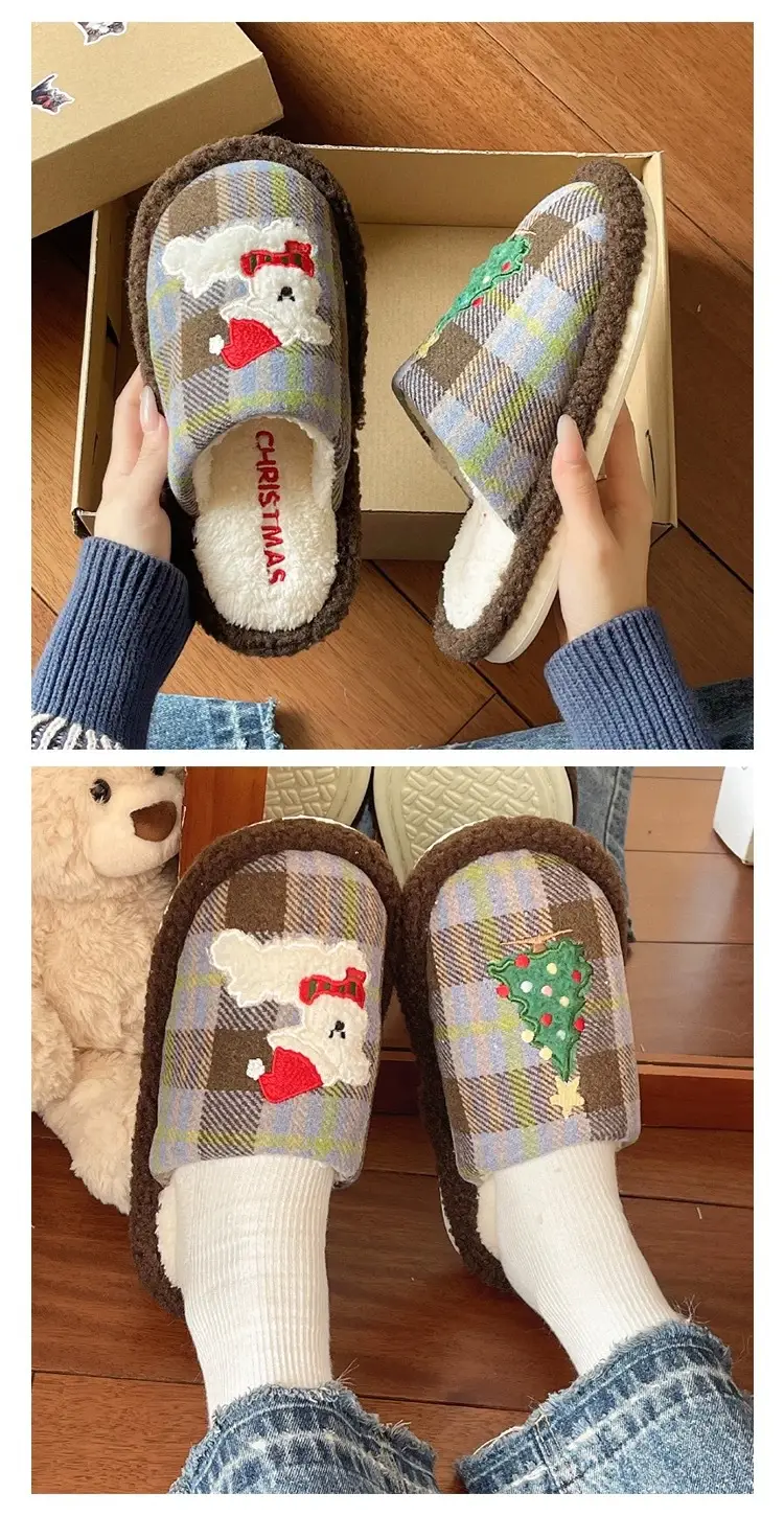Cute Christmas Tree Furry Slippers Women Winter Fleece Lined Warm Indoor Non-Slip Toe Cotton Slippers — feature 4