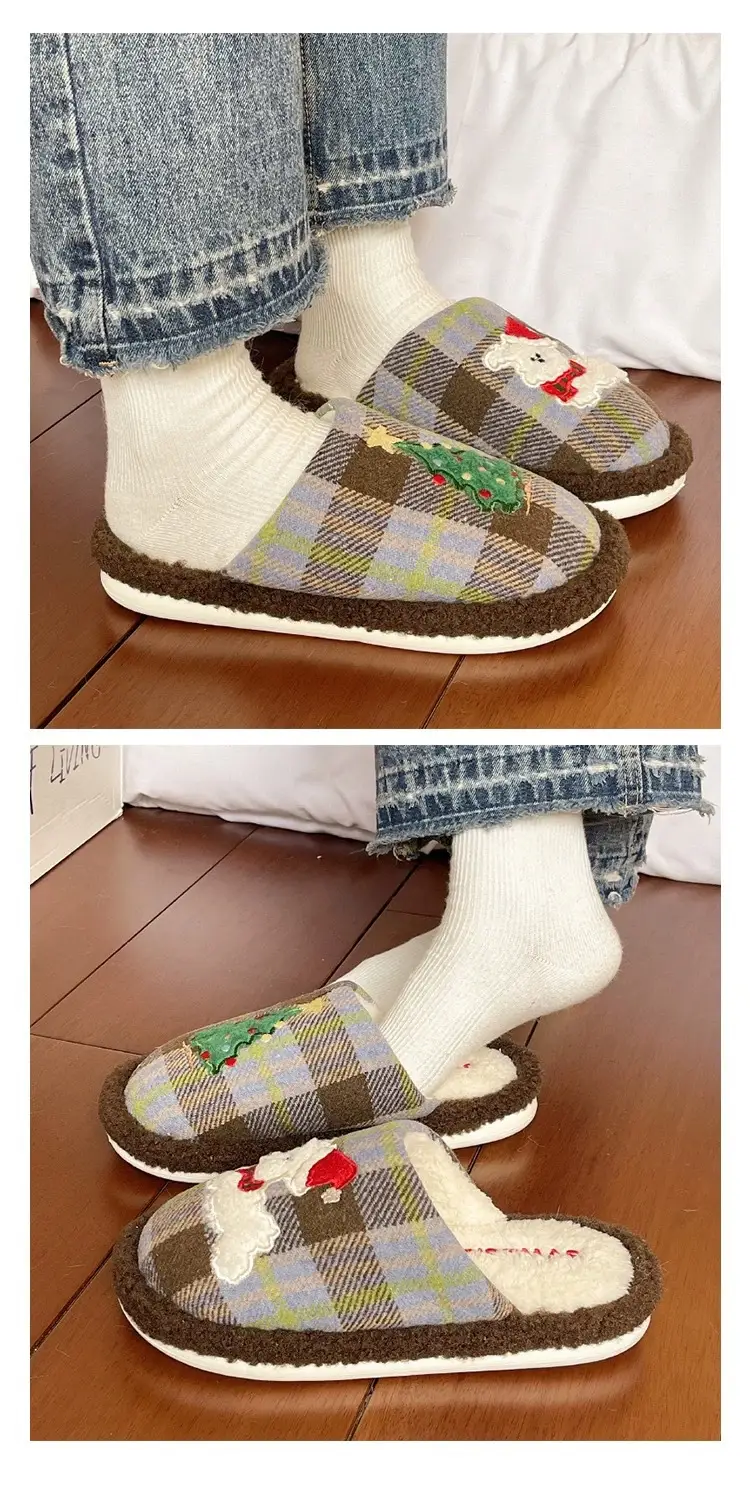 Cute Christmas Tree Furry Slippers Women Winter Fleece Lined Warm Indoor Non-Slip Toe Cotton Slippers — feature 5