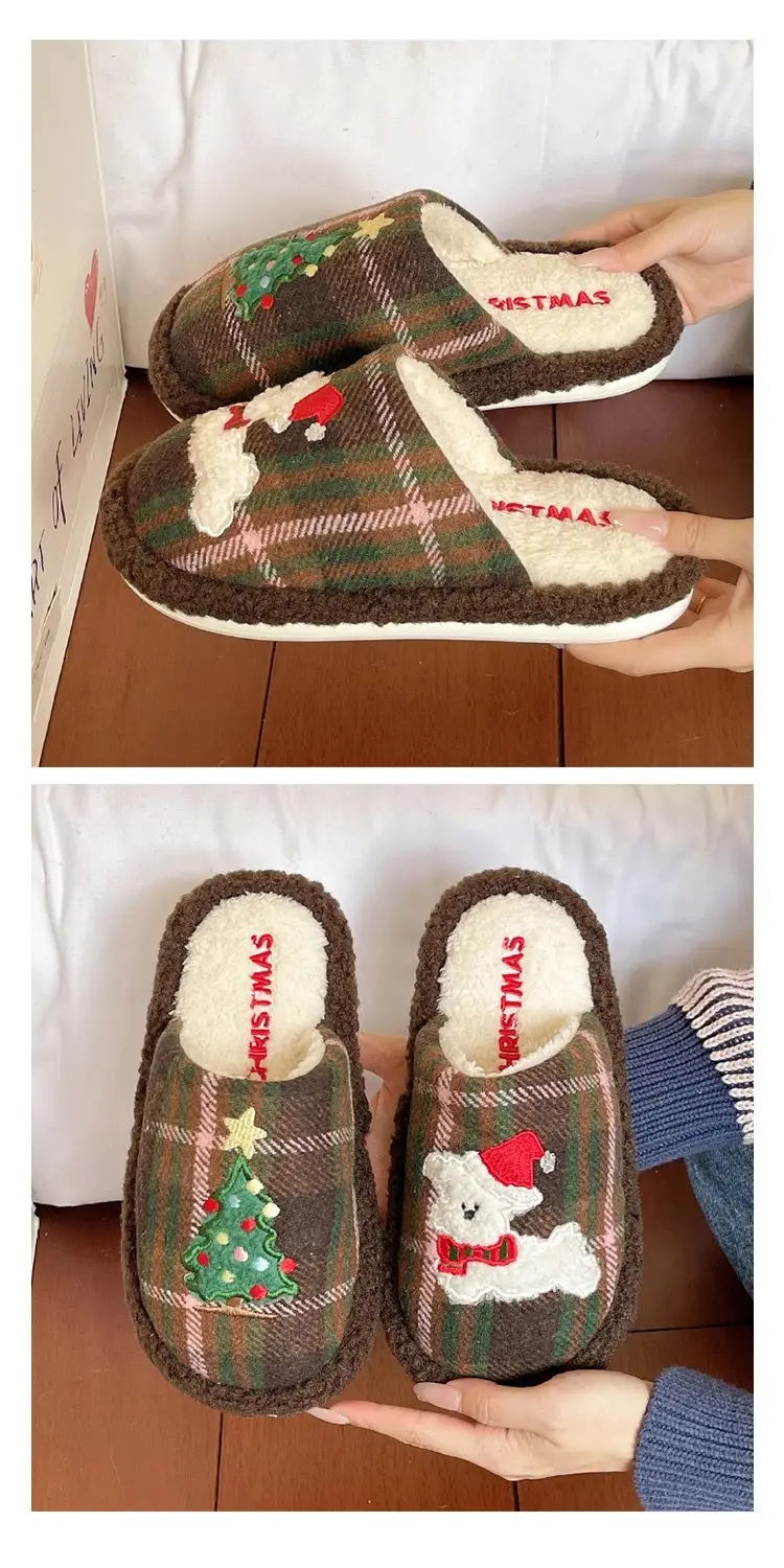 Cute Christmas Tree Furry Slippers Women Winter Fleece Lined Warm Indoor Non-Slip Toe Cotton Slippers — feature 6