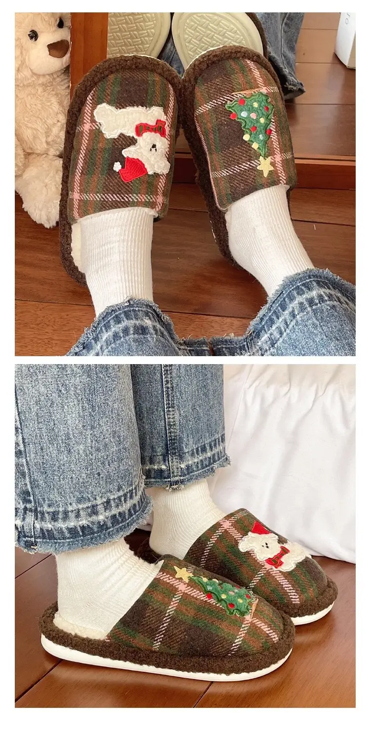 Cute Christmas Tree Furry Slippers Women Winter Fleece Lined Warm Indoor Non-Slip Toe Cotton Slippers — feature 7