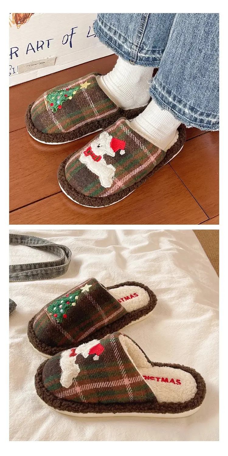 Cute Christmas Tree Furry Slippers Women Winter Fleece Lined Warm Indoor Non-Slip Toe Cotton Slippers — feature 8