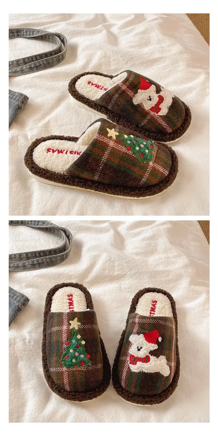 Cute Christmas Tree Furry Slippers Women Winter Fleece Lined Warm Indoor Non-Slip Toe Cotton Slippers — feature 9